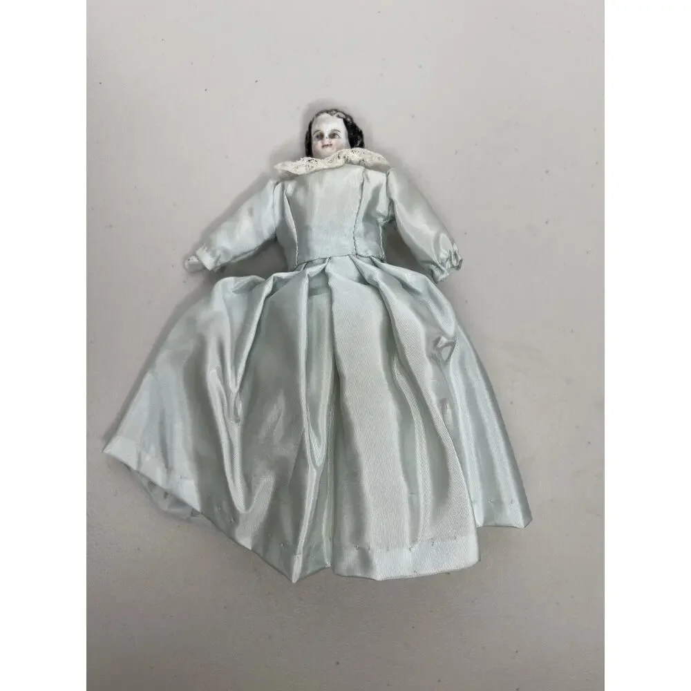 Antique Porcelain Head German China Doll Cloth Body Blue Dress